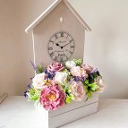 IN STOCK, Wooden box with clock, 11 flowers